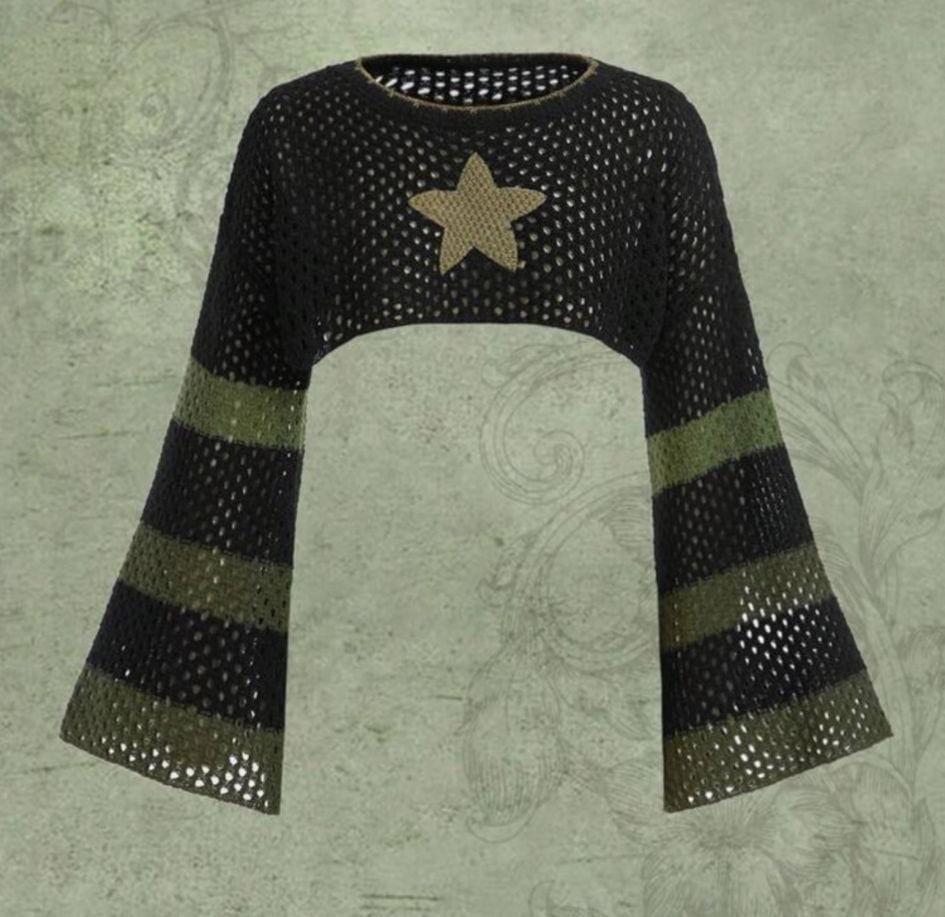 Siyah Star Haki Şeritli Crop Bolero