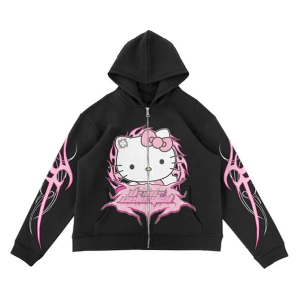 Siyah Anime Tribal Hello Kitty Fermuarlı (Unisex) Kapüşonlu