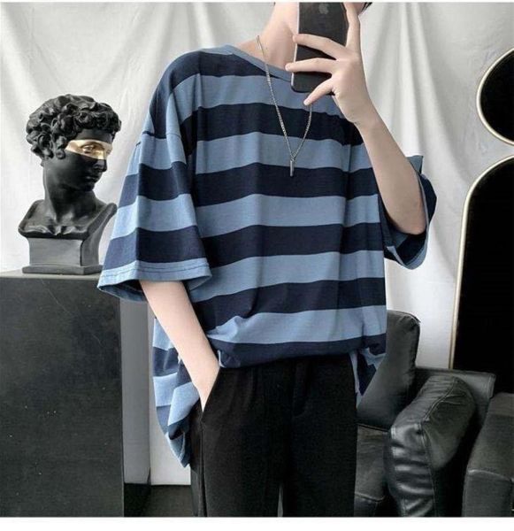 Harajuku Mavi Siyah Çizgili Oversize (Unisex) T-shirt
