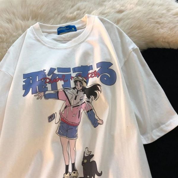 Anime Girl & Cat Beyaz Unisex Oversize T-shirt