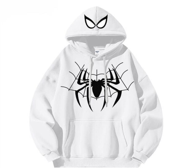 Beyaz Spider  Maske Hoodie Kalın Kumaş Kapüşonlu Sweatshirt