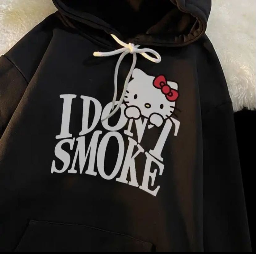 Siyah Unisex I Don't Smoke Hello Kitty Kalın Kumaş Kapşonlu Sweatshirt