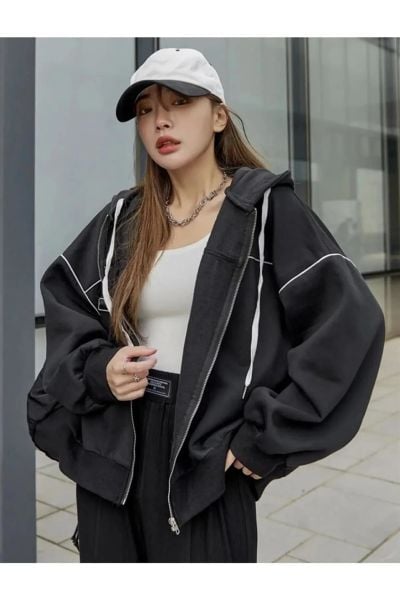 Zip Detaylı Sokak Tarzı Harajuku Oversize Fermuarlı Siyah Unisex Kapüşonlu Hırka