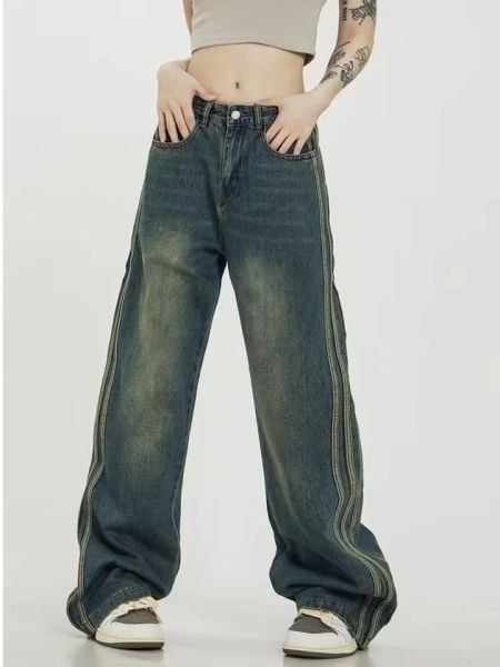 Y2k Vintage Çizgi Detaylı Yıkamalı Pantolon