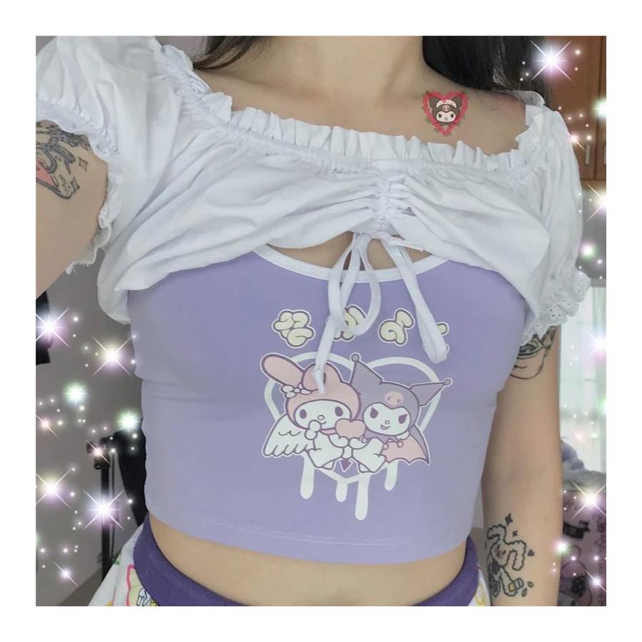 Anime Sanrio Kuromi And My Melody - Heart Lila Askılı Kadın T-Shirt