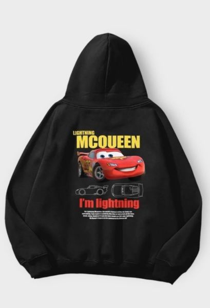 Siyah Kapüşonlu Mcquenn Car Detail Sırt Baskılı Sweatshirt