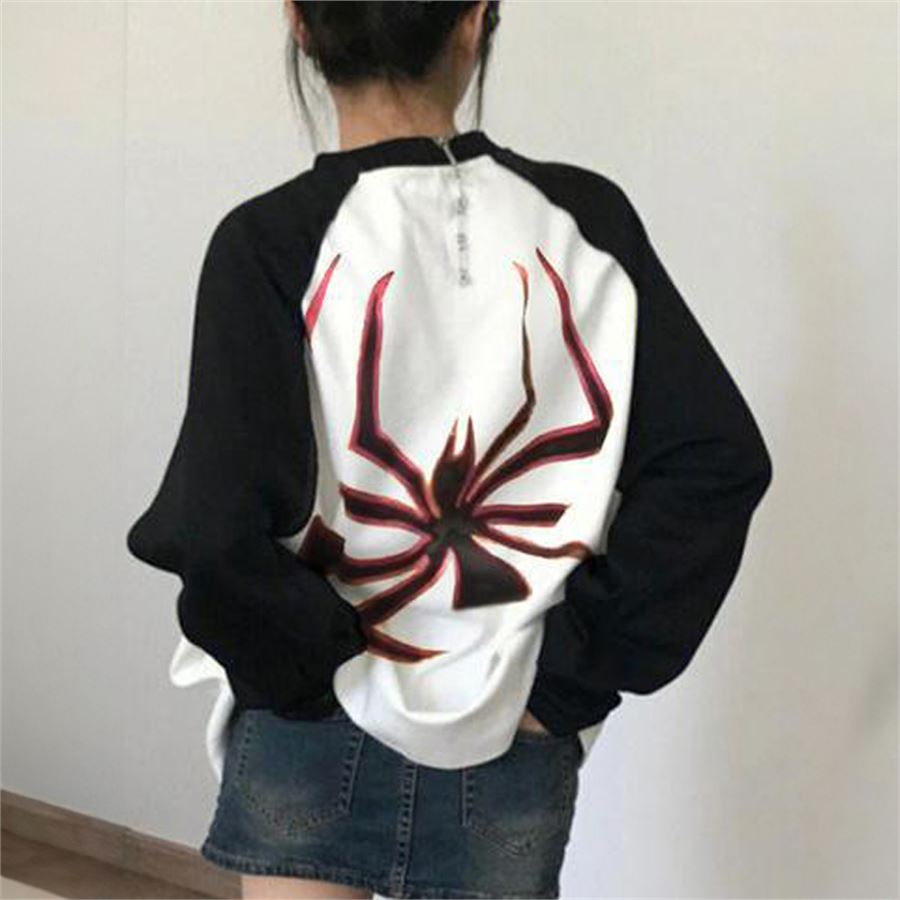 Siyah Raglan Kollu Spider Sırt Baskılı Beyaz (Unisex) Uzun Kollu