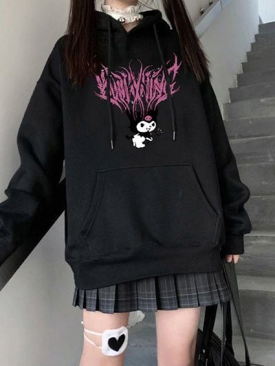 Siyah Kuromi Pink Baskılı Kalın Kumaş Kapşonlu Sweatshirt