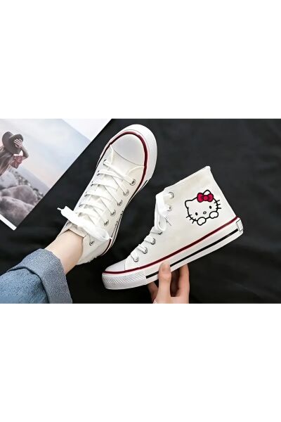New White Hello Kitty Uzun Kanvas Ayakkabı