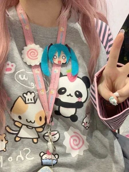 Gri Melanj Anime Panda Pembe Siyah Çizgili Kollu Sweatshirt