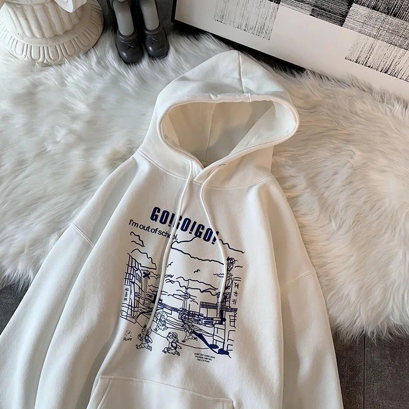 Go Go Go Baskılı Beyaz Kalın Kumaş Kapşonlu Sweatshirt