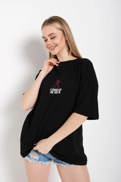 Siyah Unisex Spirit Baskılı T-Shirt