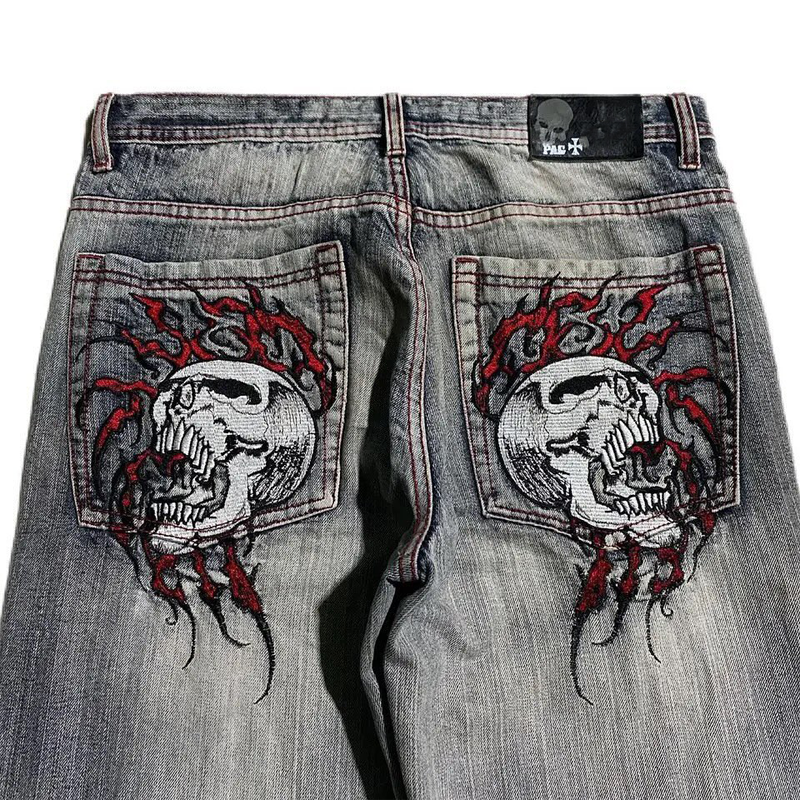 Gri Double Fire Skull Streetwear Yıkamalı Jean Pantolon