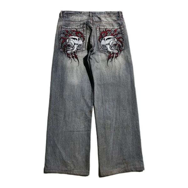 Gri Double Fire Skull Streetwear Yıkamalı Jean Pantolon