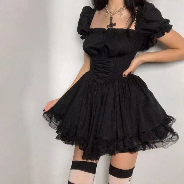 Siyah Kısa Kol Gothic Dantel Detaylı Elbise