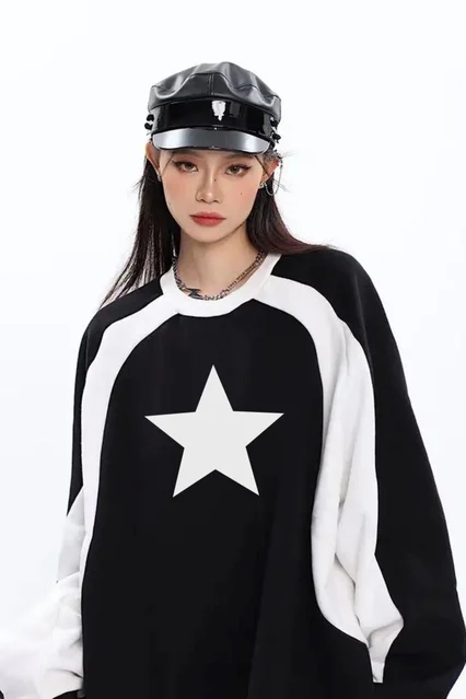 Siyah Y2K Streetwear Star Baskılı Bisiklet Yaka Sweatshirt