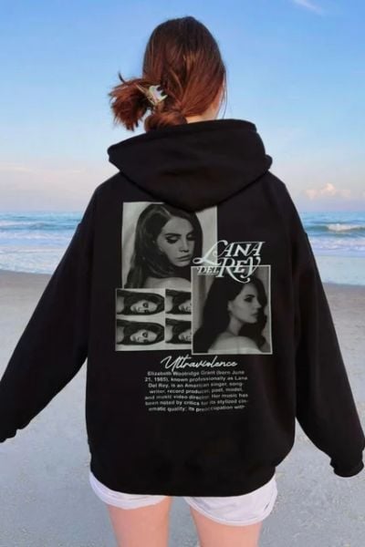 Siyah Kapüşonlu Sırt Baskılı Lana Del Rey Silüet Sweatshirt