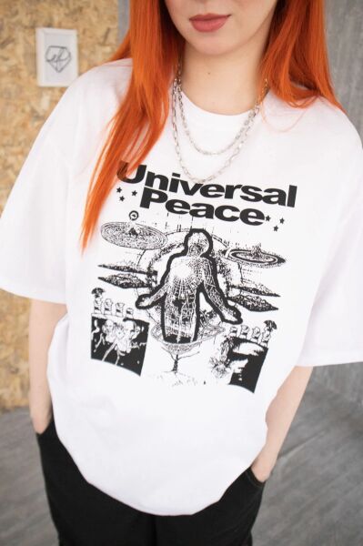 Beyaz Unisex Universal Peace Tişört