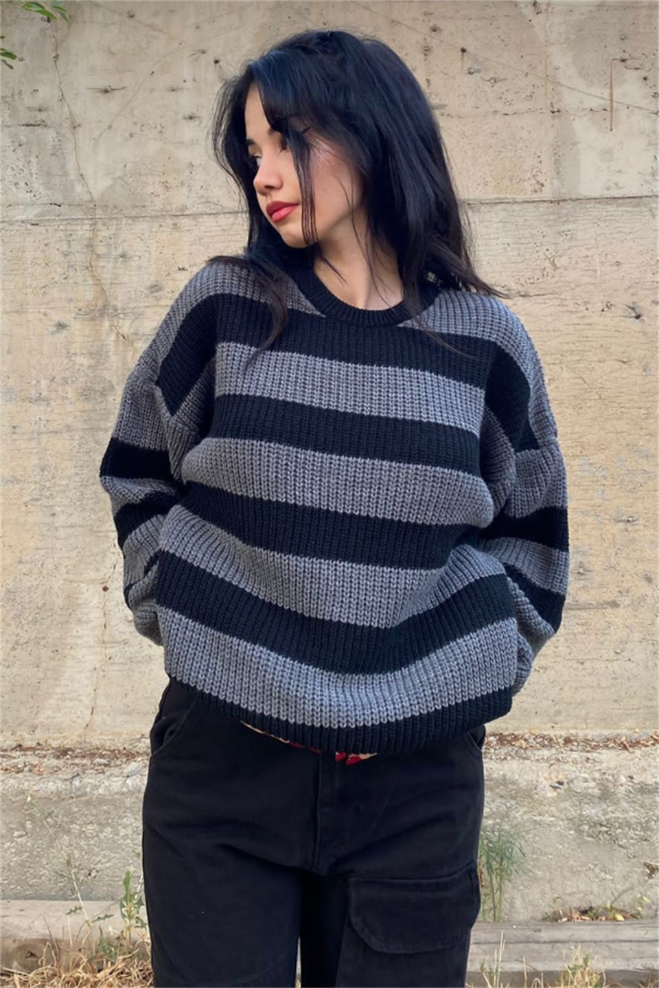 Gri Siyah Çizgili Streetwear Oversize Unisex Kazak