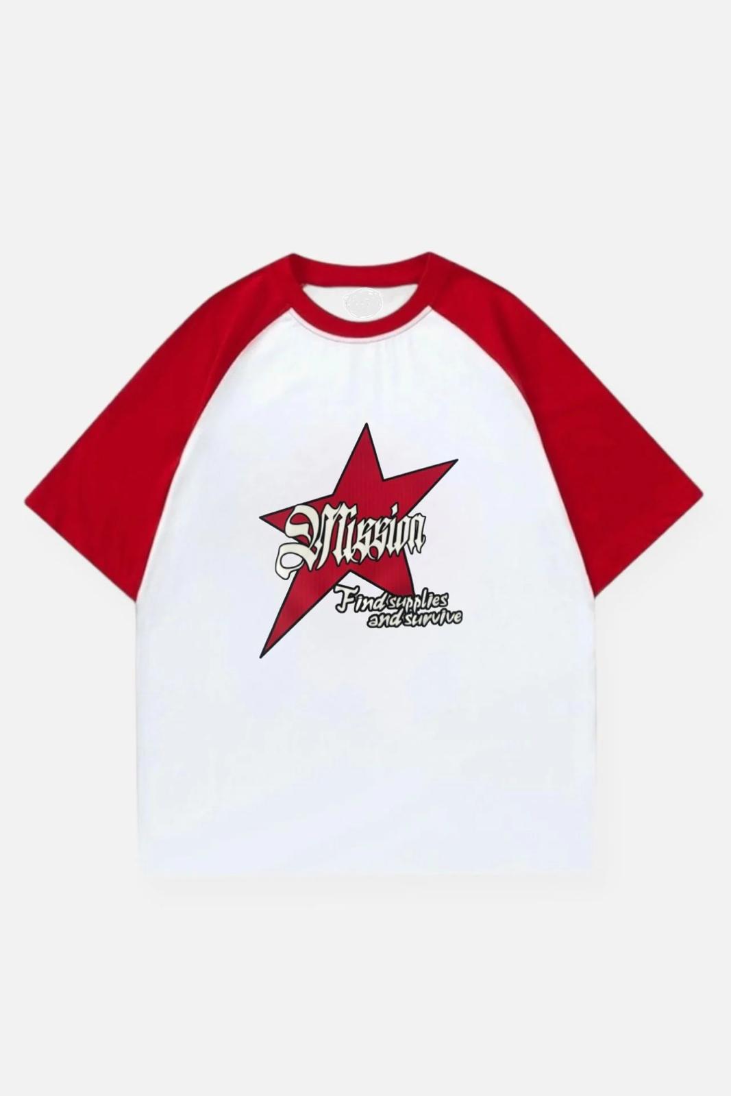Beyaz Unisex Kırmızı Reglan Mission Star T-Shirt