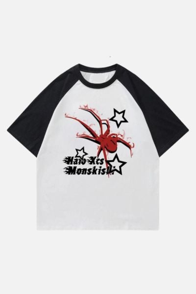 Beyaz Unisex Siyah Reglan Streetwear Spider Halo Star T-Shirt
