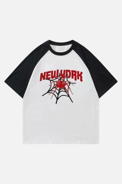 Beyaz Unisex Siyah Reglan New York Spider Web T-Shirt