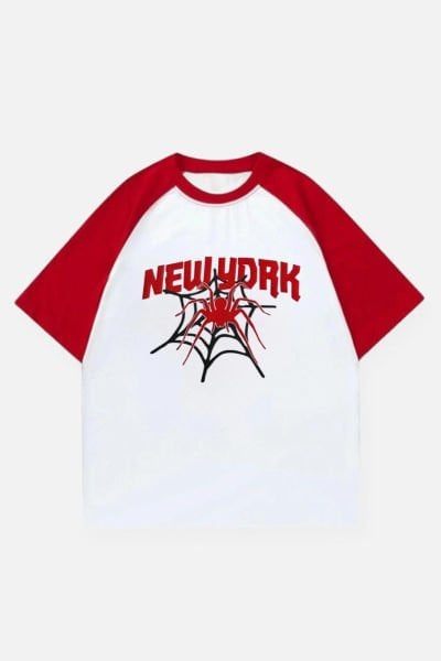 Beyaz Unisex Kırmızı Reglan New York Spider Web T-Shirt