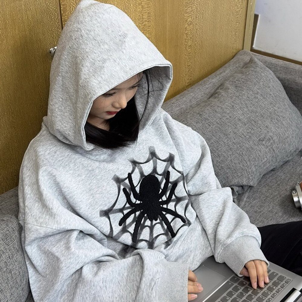 Gri Melanj Basic Spider (Unisex) Kapüşonlu