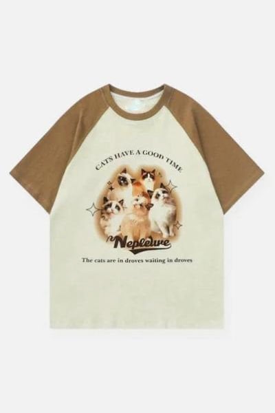 Bej Unisex Vizon Reglan Vintage Kawaii Cats T-Shirt