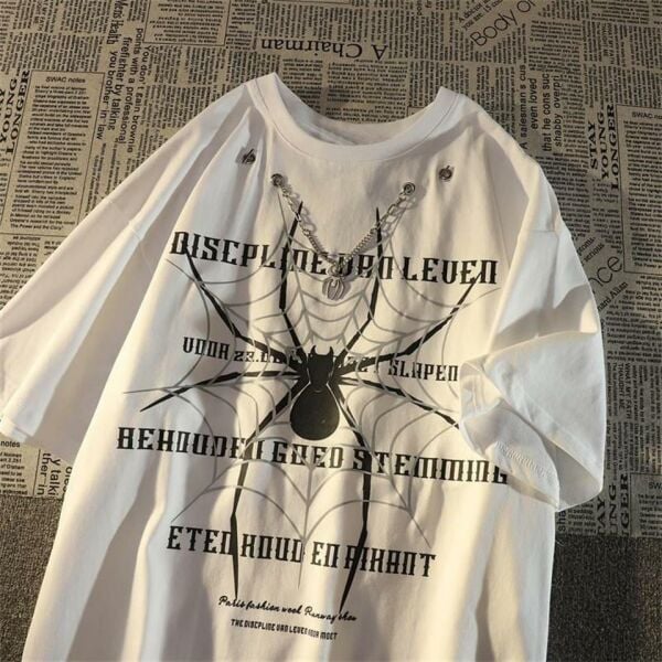 Spider Zincir Detaylı Spider Baskılı Beyaz Unisex Oversize T-shirt