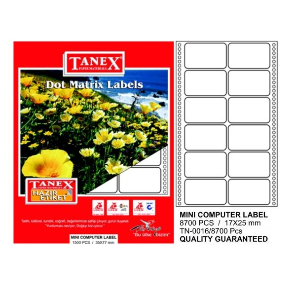 Tanex Mini Computer Labels Hazır Etiket 8700 Pcs 17 x 25 mm Lazer Etiket 100 Adet