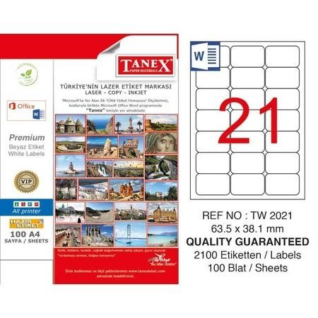 Tanex TW-2021 Hazır Etiket A4 63,5 x 38,1 mm Lazer Etiket 100 Adet