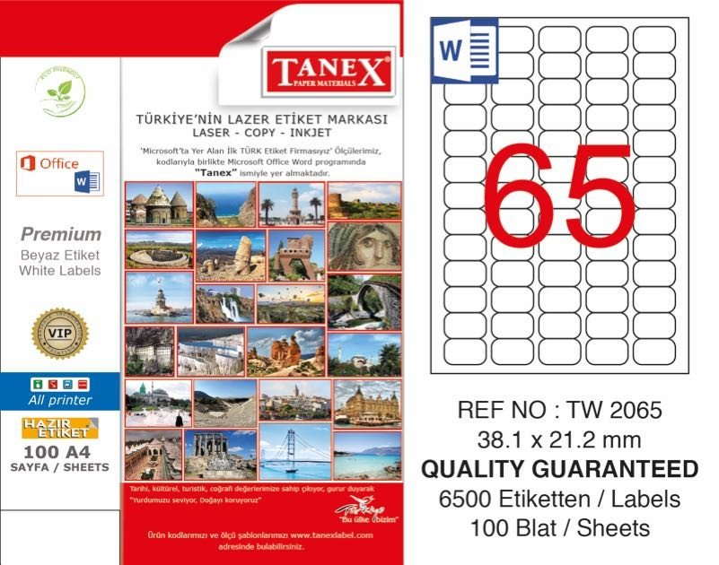 Tanex TW-2065 Hazır Etiket A4 38,1 x 21,2 mm Lazer Etiket 100 Adet