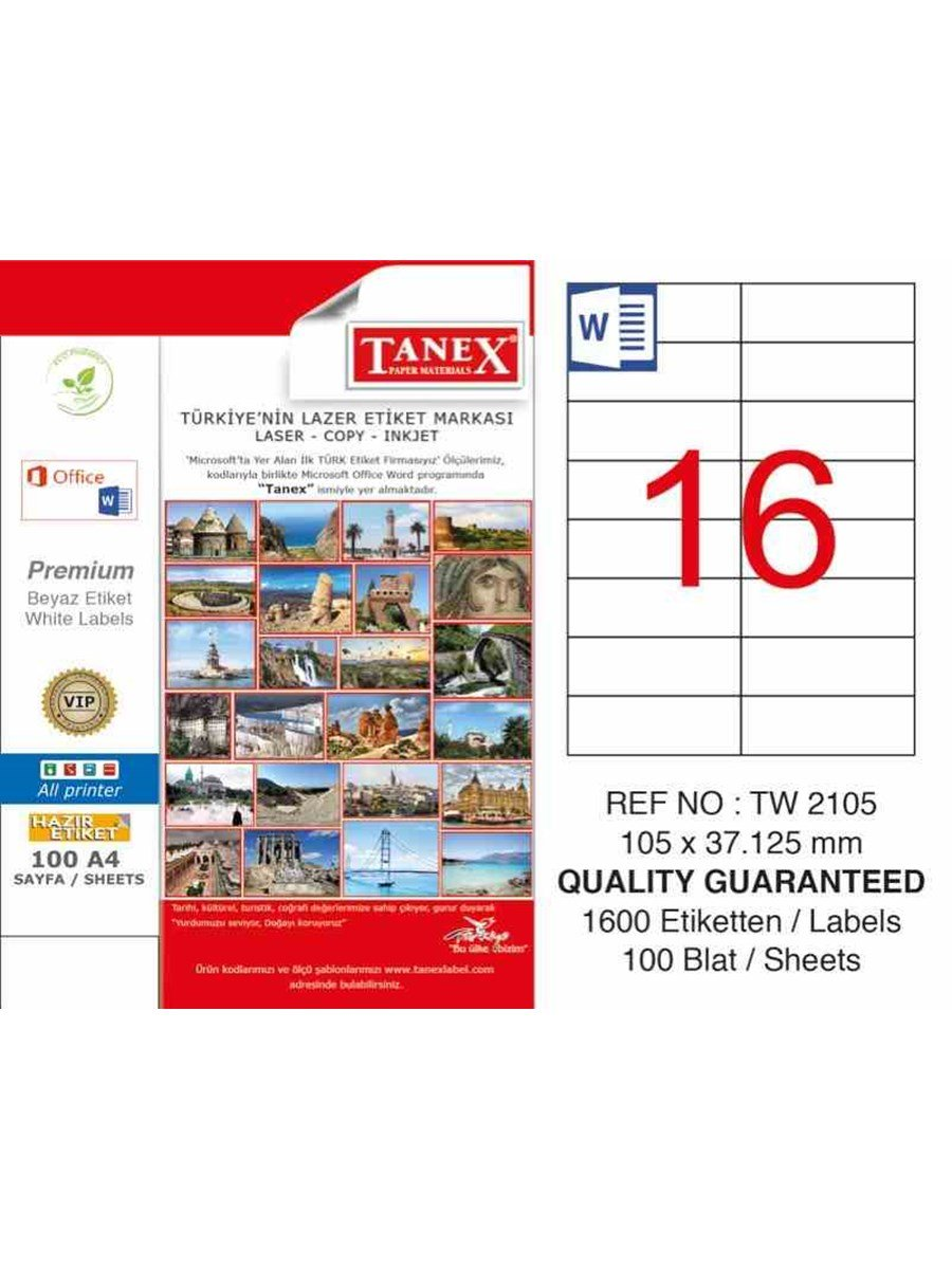 Tanex TW-2105 Hazır Etiket A4 105 x 37,125 mm Lazer Etiket 100 Adet