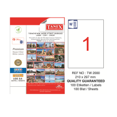 Tanex TW-2000 Hazır Etiket A4 210x297 mm Lazer Etiket 100 Adet