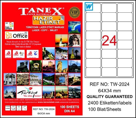 Tanex TW-2024 Hazır Etiket A4 64 x 34 mm Lazer Etiket 100 Adet