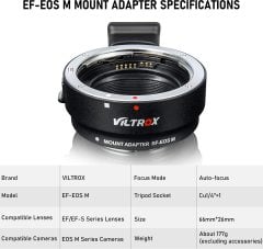 Viltrox  EF-EOS M / EF-EOS M Adaptor ( Canon EF - Canon EF-ES Yuvalı Gövde lensleri için )