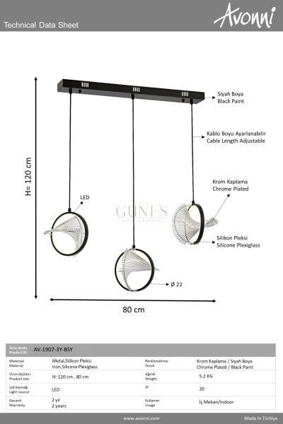 Siyah Boyalı Modern Avize AVONNI AV-1907-3Y-BSY