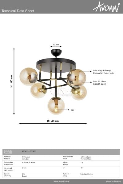 Eskitme/Siyah Kaplama Modern Avize AVONNI AV-4331-5T-BSY