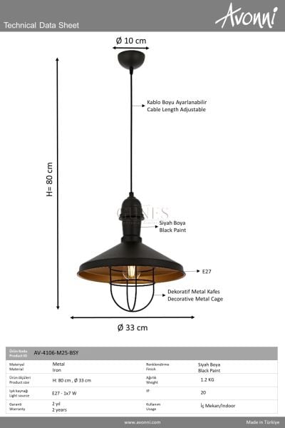 Siyah Boyalı Modern Avize AVONNI AV-4106-M25-BSY