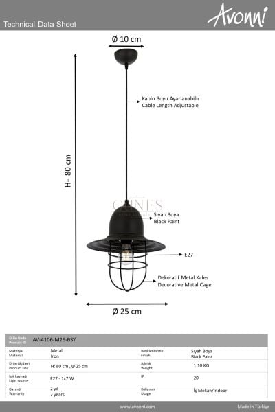 Siyah Boyalı Modern Avize AVONNI AV-4106-M26-BSY