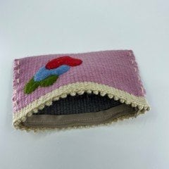 El Yapımı Kalp Desenli Kilim Dokuma Kadın Cüzdan / Pembe - Gri