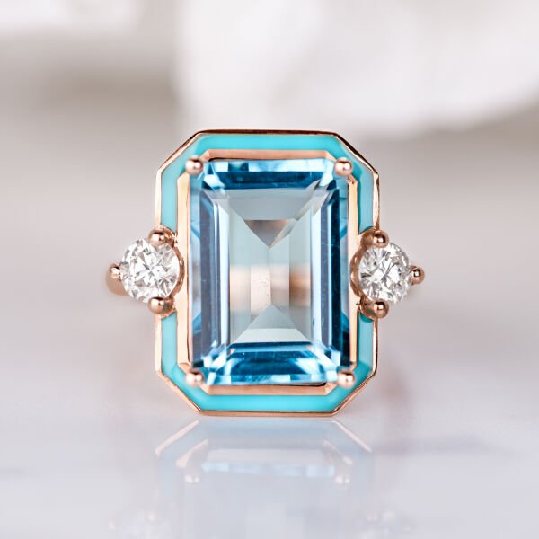 Sky Topaz ve Mozanit Taşlı Art Deco Tasarım Altın Yüzük, İstanbul Collection Rings