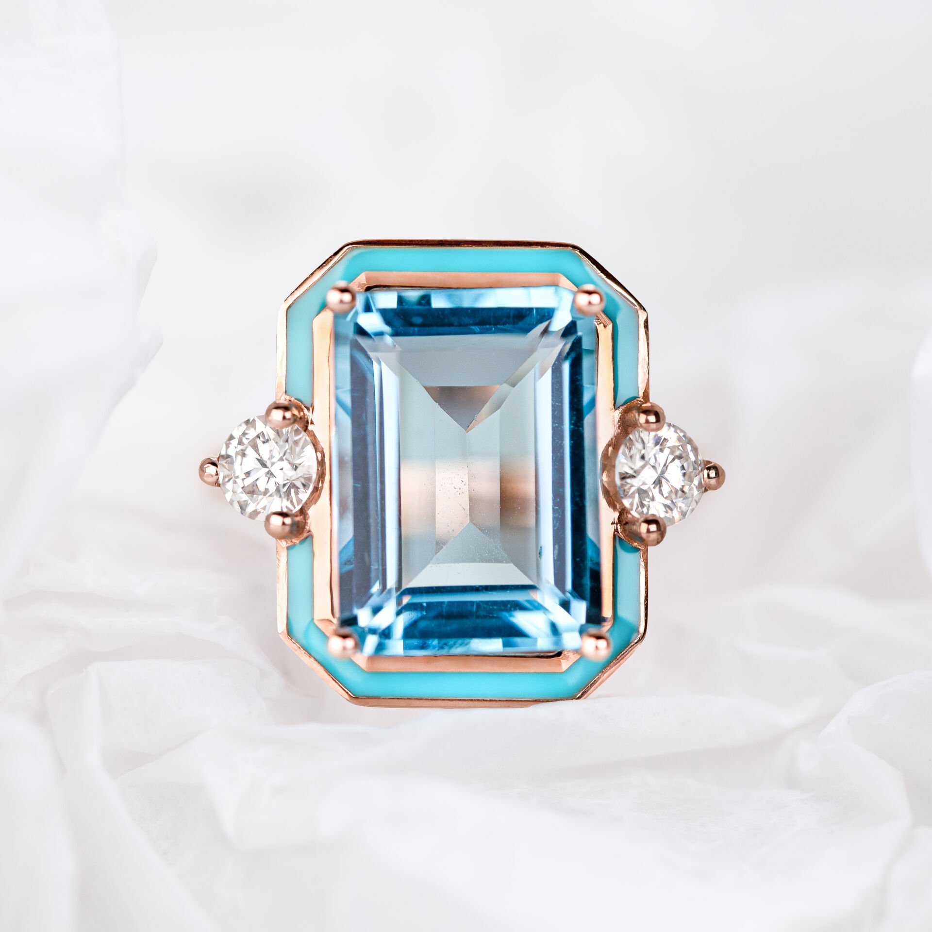 Sky Topaz ve Mozanit Taşlı Art Deco Tasarım Altın Yüzük, İstanbul Collection Rings