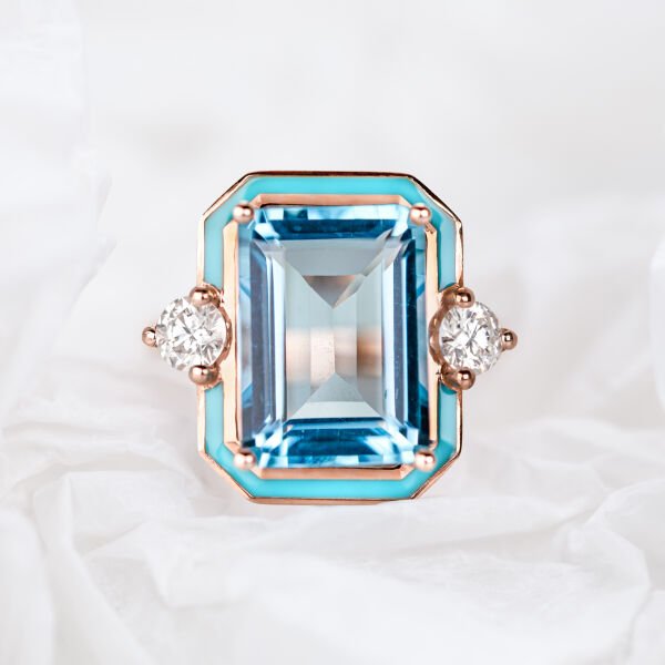 Sky Topaz ve Mozanit Taşlı Art Deco Tasarım Altın Yüzük, İstanbul Collection Rings