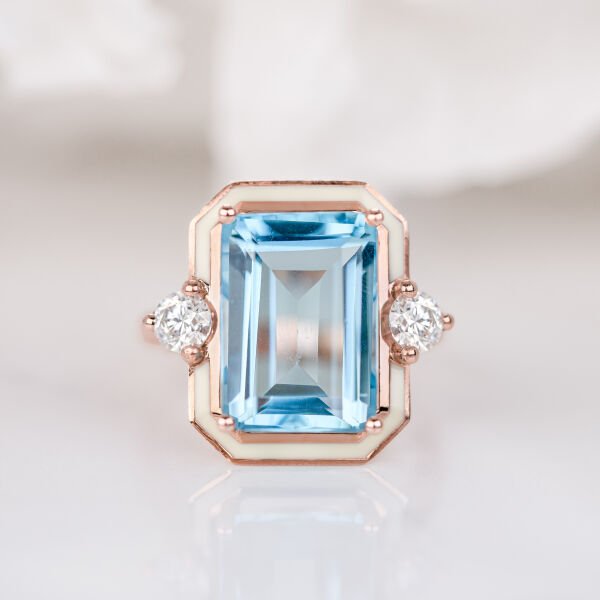 Sky Topaz ve Mozanit Taşlı Art Deco Tasarım Altın Yüzük, İstanbul Collection Rings