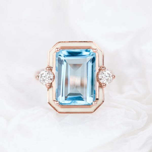 Sky Topaz ve Mozanit Taşlı Art Deco Tasarım Altın Yüzük, İstanbul Collection Rings