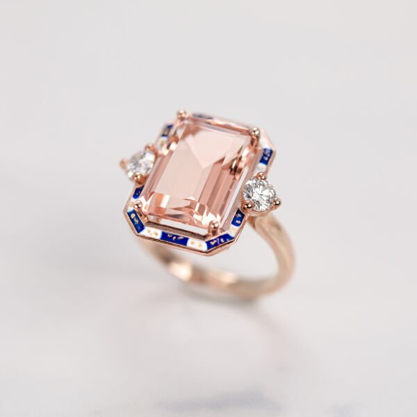 Pembe Kuvars ve Mozanit Taşlı Art Deco Tasarım Altın Yüzük, İstanbul Collection Rings