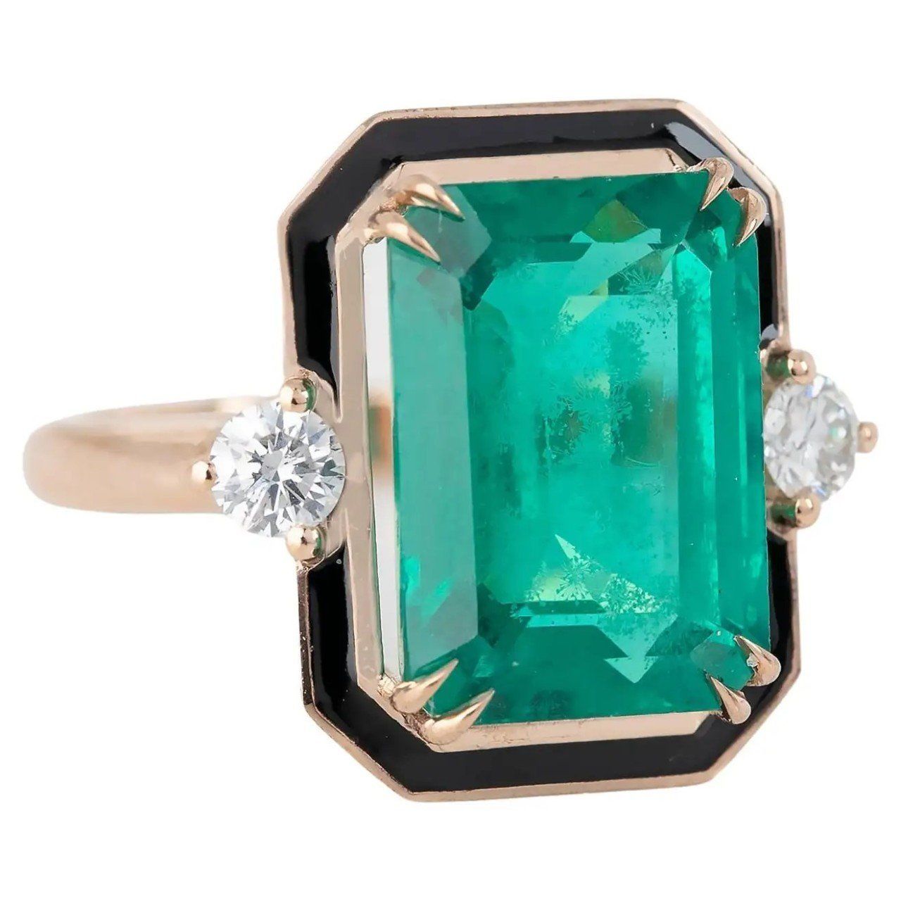 Black Enameled Diamond Synthetic Emerald Ring