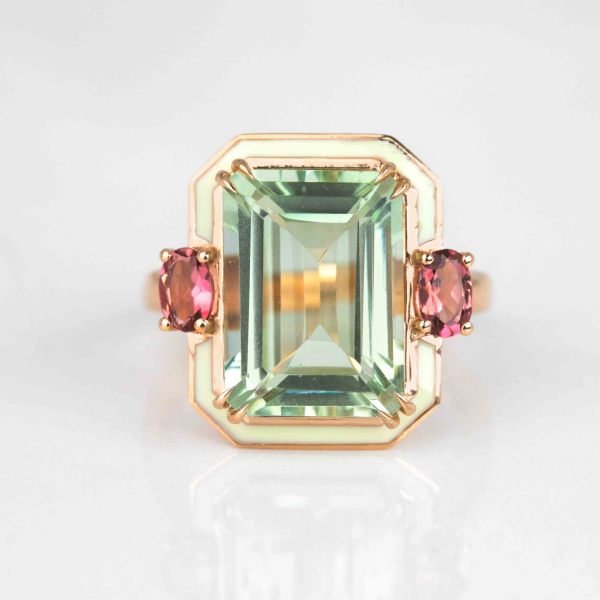 Yeşil Ametist ve Pembe Turmalin Taşlı Altın Art Deco Tasarım Altın Yüzük, İstanbul Collection Rings